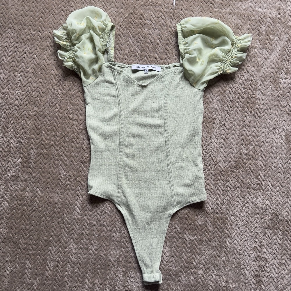 Celebrity Pink Floral Puff Sleeve Bodysuit - Sage Green Woman's Small